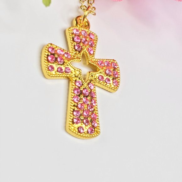 Pink Pave Crystal Cross Necklace - Picture 6 of 14